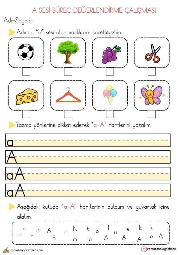 1. Sınıf İlk Okuma Yazma A Sesi Süreç Değerlendirme Çalışması Ve Ölçeği (2 Sayfa) (PDF) - Sayfa 1 A4 Baskıya Hazır PDF 1. Sınıf İlk Okuma Yazma A Sesi Süreç Değerlendirme Çalışması Ve Ölçeği (2 Sayfa) (PDF) - MEB 2026-2027 Müfredatına Uygun İlkokul PDF Çalışma Kağıdı ve Etkinliği