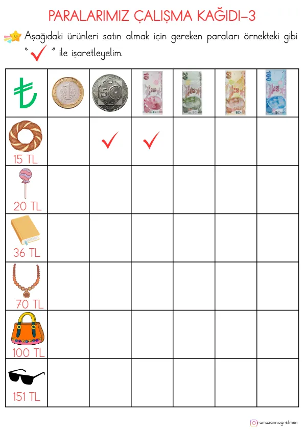 1. Sınıf Matematik Paralarımız Çalışma Kağıdı-3