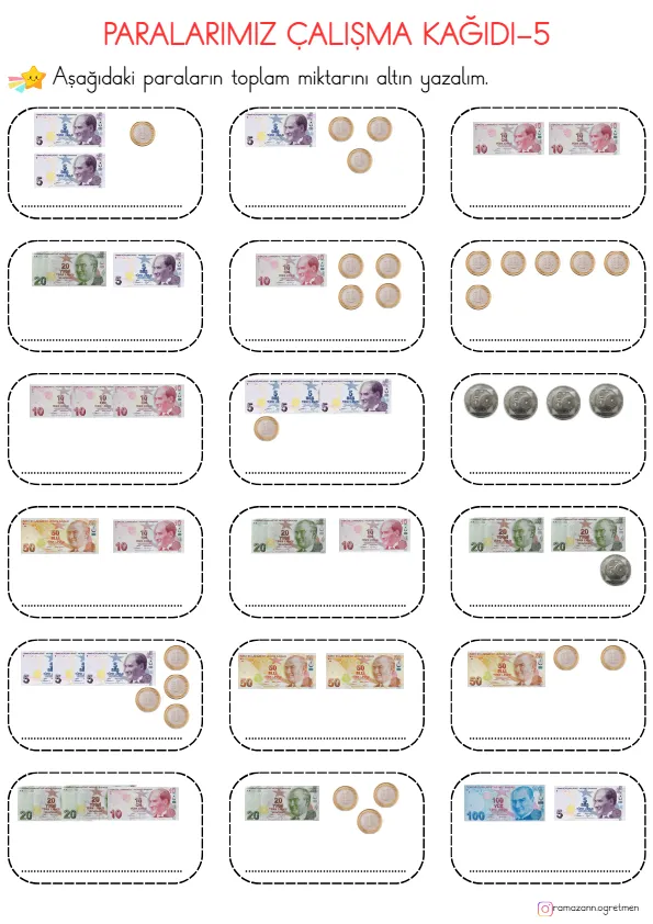 1. Sınıf Matematik Paralarımız Çalışma Kağıdı-5