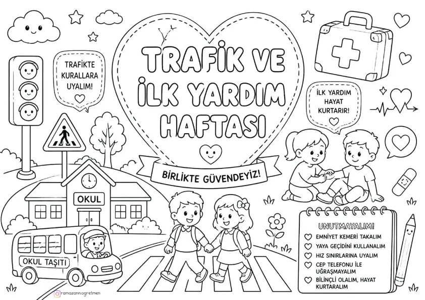 1-7 Mayıs Trafik ve İlkyardım Haftası Boyama Görselleri 4 Sayfa