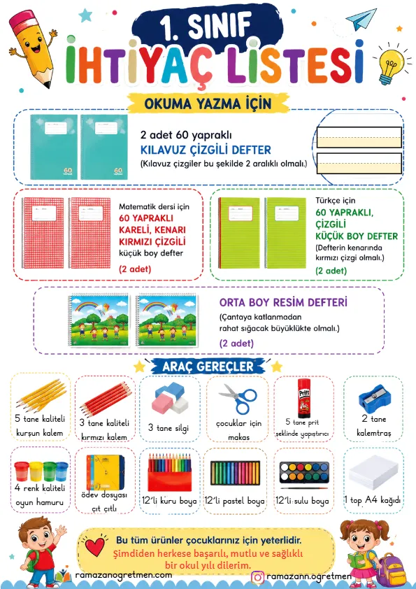 1. Sınıf İhtiyaç Listesi 2026-2027