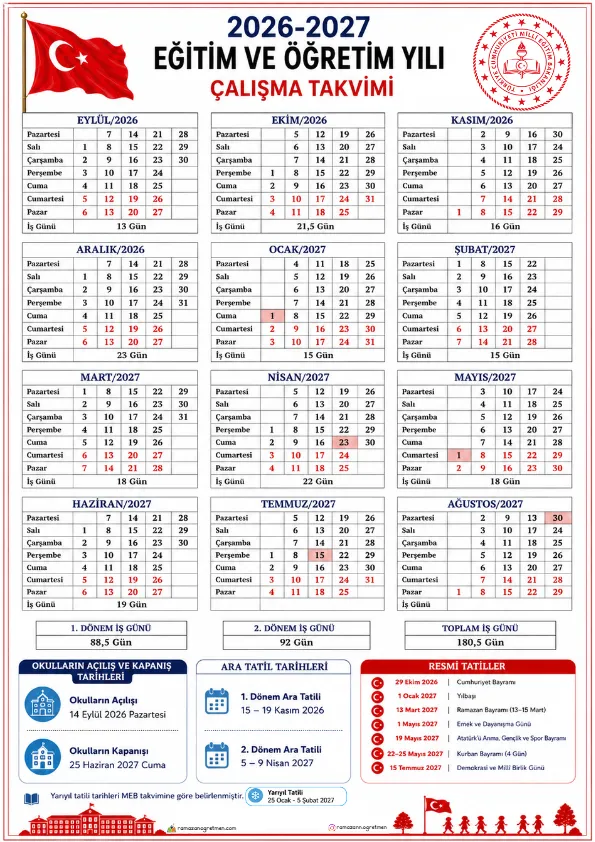 2026-2027 MEB İş Günü Takvimi (Çalışma Takvimi)