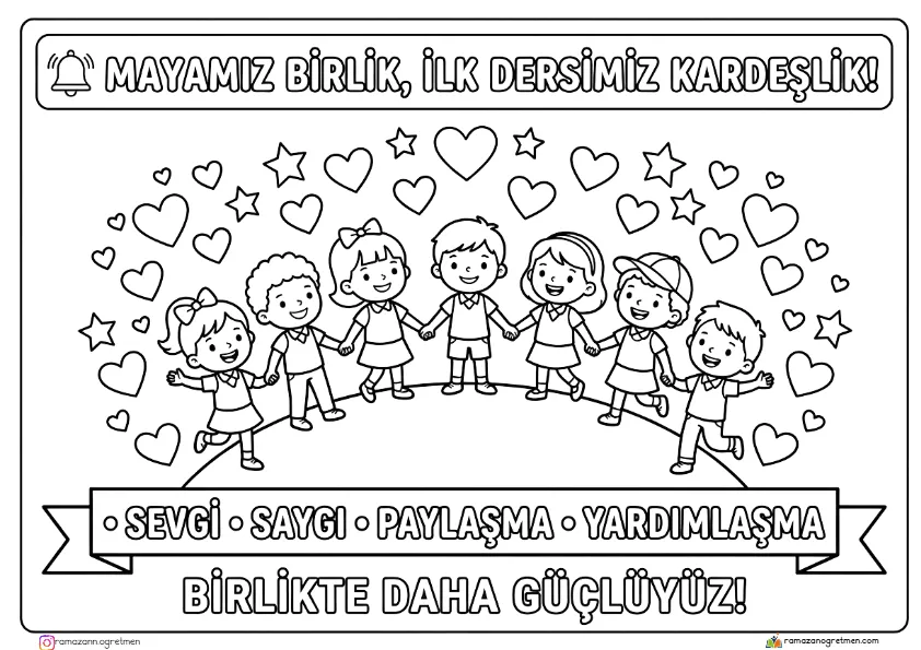 "Mayamız Birlik, İlk Dersimiz Kardeşlik" Teması Boyama Sayfaları – 5 Sayfa (Pdf) - Öğretmen Onaylı A4 Çıktı ve PDF "Mayamız Birlik, İlk Dersimiz Kardeşlik" Teması Boyama Sayfaları – 5 Sayfa (Pdf) - MEB 2026-2027 Müfredatına Uygun İlkokul Kırtasiye İhtiyaç Listesi