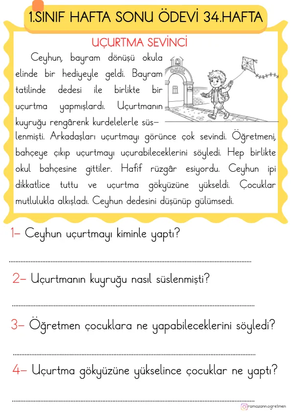 1. Sınıf Hafta Sonu Ödevi 34. Hafta Türkçe-Matematik-Hayat Bilgisi